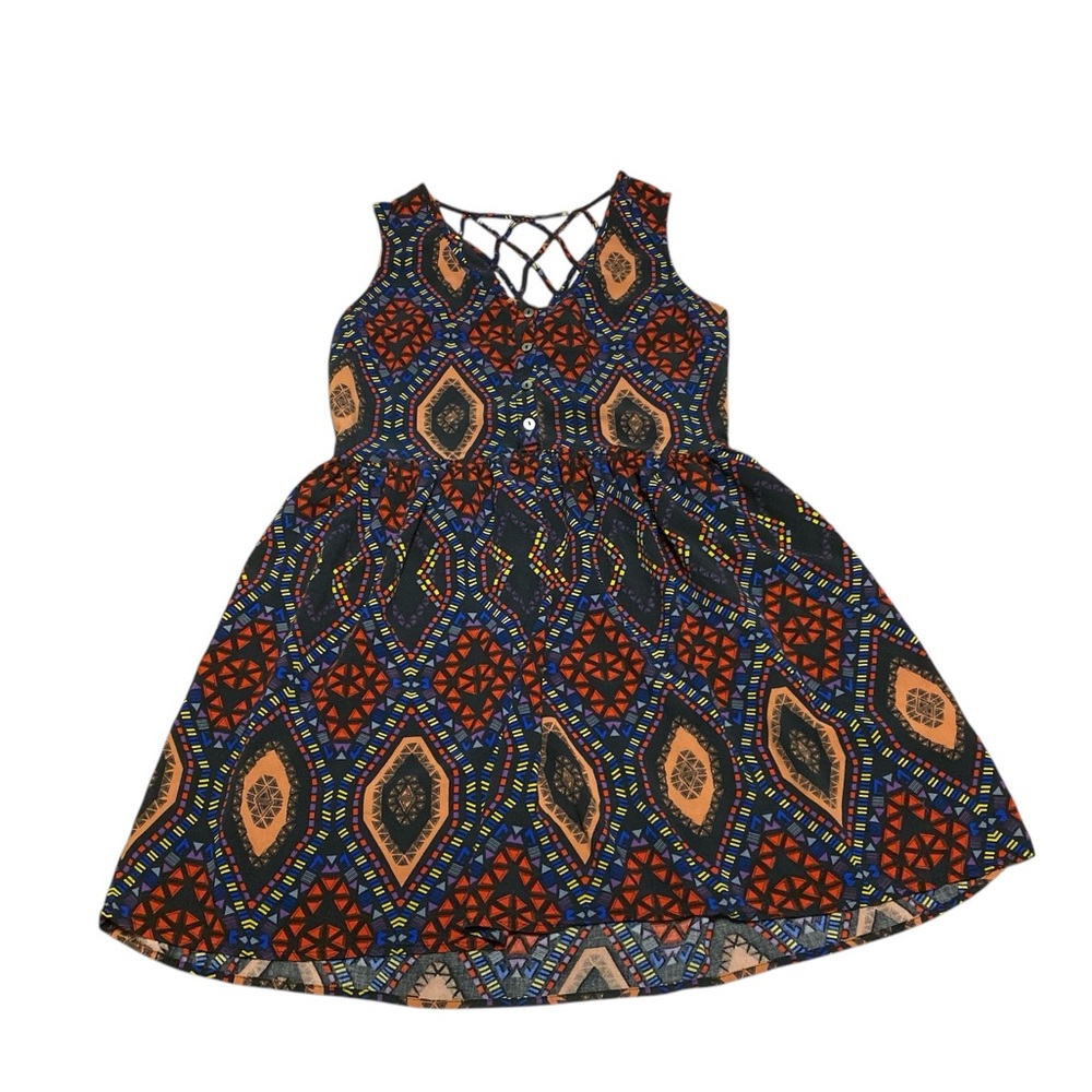 Forever 21 Women’s Multicolor Geometric Print Sundress Size S Lattice Back Boho - Picture 3 of 14
